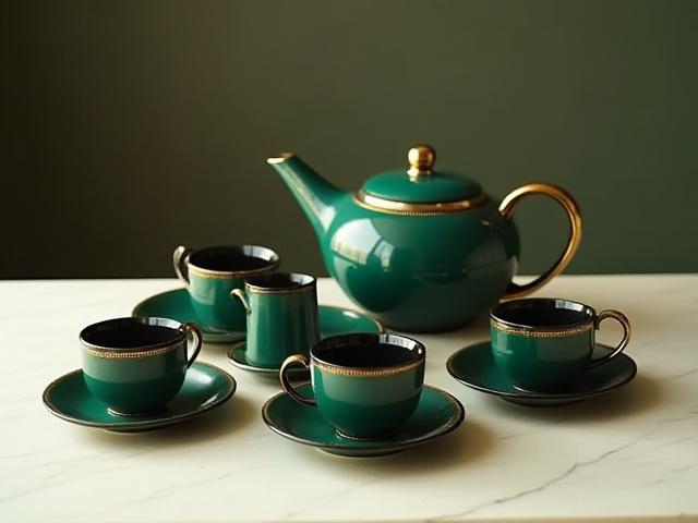 Gatsby Tea Set, a sophisticated Art Deco ceramic tea set with angular shapes and gilded accents.