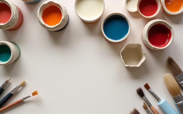 Various ceramic glazes and brushes on a workbench