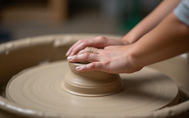 Student learning wheel throwing technique